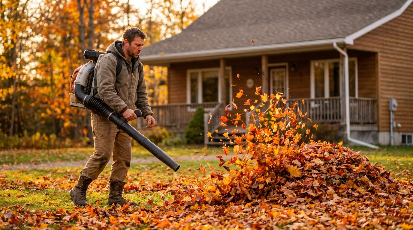 Greenpoint contractor using a backpack leaf blower to corral fall leaves at a North Bay residential property