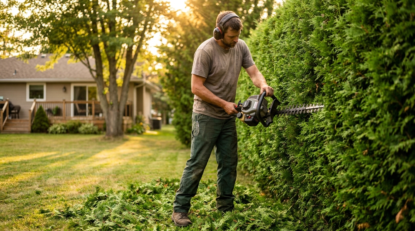 Greenpoint contractor trimming a tall cedar hedge with gas-powered hedge trimmers in Powassan