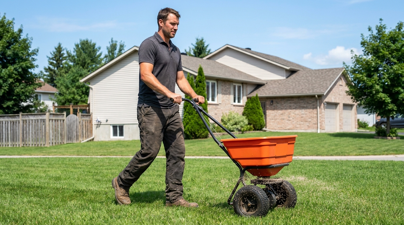 Greenpoint contractor pushing a broadcast spreader applying fertilizer on a lush lawn in Powassan