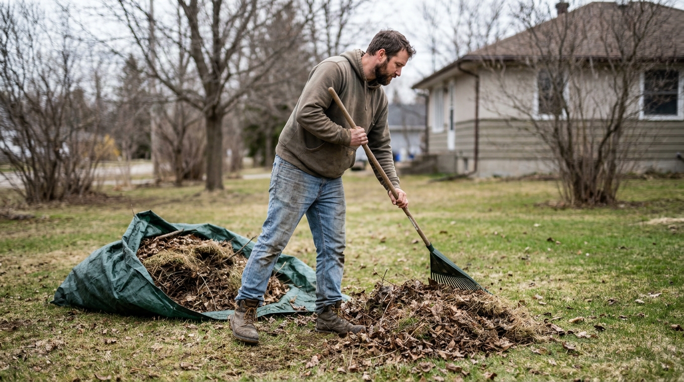 Greenpoint contractor raking up winter debris and dead grass for spring cleanup in Powassan