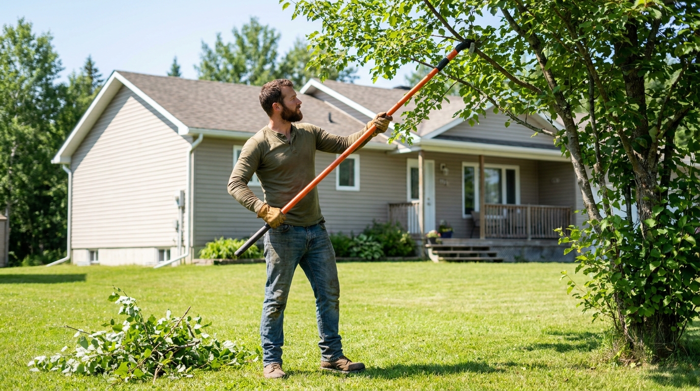 Greenpoint contractor pruning a tree with an extension pole pruner on a residential property in Northern Ontario